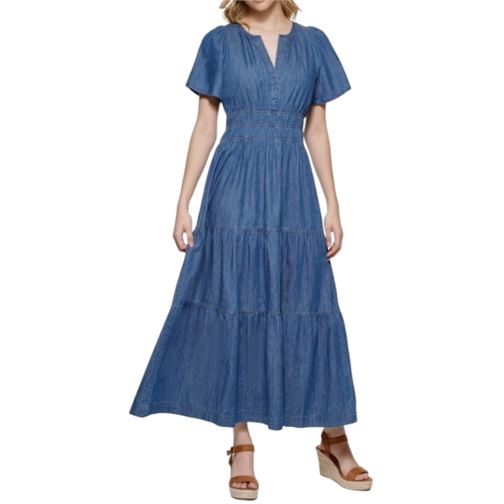 NEW Tommy Hilfiger Women's Tiered Split Neck Chambray Maxi Dress Size 8